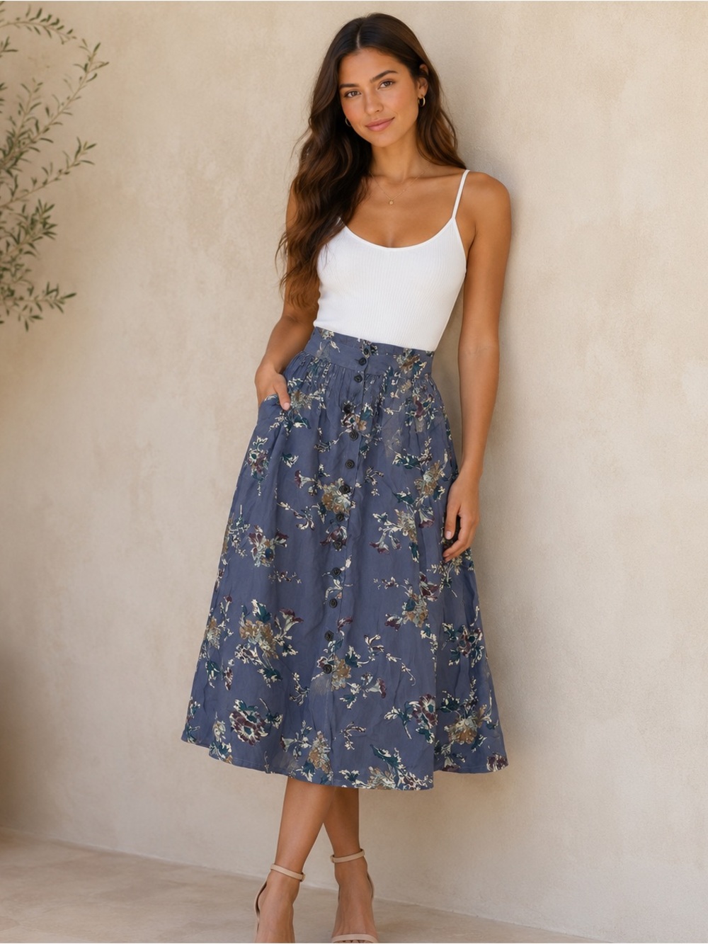 Collective Concepts Floral Button Front Midi Skirt Size Medium Boho